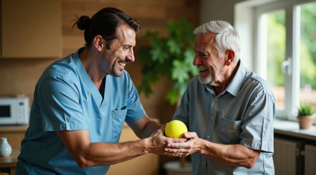 Young Doctor And Elderly Patient Engaging In Tennis Ball Therapy Session At Modern Nursing Home With Caduceus Symbol.の素材