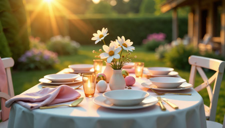 Elegant Outdoor Easter Dining Table With White Tablecloth And Seasonal Delightsの素材