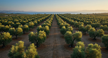 Idyllic Mediterranean landscape with an olive grove overlooking the sea in Greece. Ancient olive...