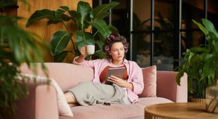 Thoughtful woman in hair curlers relaxing with coffee and a tablet on a cozy sofa at home. Candid moment of a woman in her morning routine, browsing on a tablet while enjoying a hot drink in a plant-filled living room.の素材