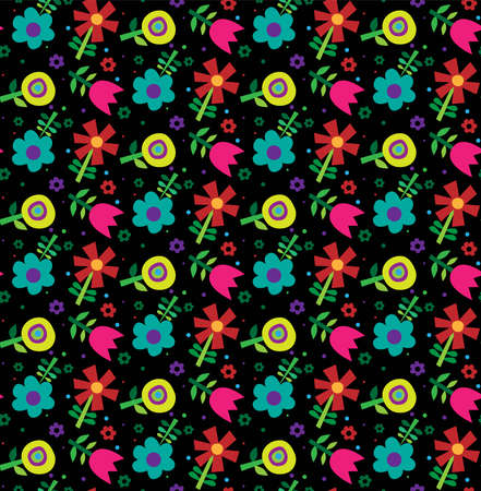 seamless retro pattern with cute flowers on blackのイラスト素材