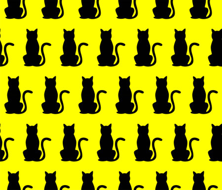 black cat silhouettes seamless pattern on yellowのイラスト素材