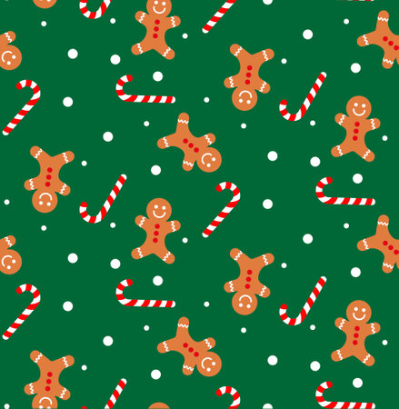 Seamless Christmas Pattern With Gingerbread Man, Santa Claus, Christmas Tree, And Candy Cane On Dark Green Background. Cute Cartoon Illustrationのイラスト素材