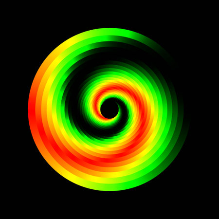 Vector modern creative wonderful eddy futuristic festival happy aqua backdrop of vivid multi colored glossy curled striped spraying ripple sphere. Closeup view with space for text in middle of funnelのイラスト素材