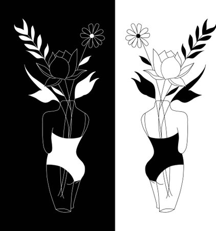 Vector set of women bodies line art illustrations, logos with flowers and leaves, feminine nature concept. Use for prints, tattoos, posters, textile, logotypes, cards etc.のイラスト素材