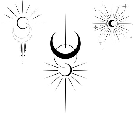 Sun and moon line art logo. Boho ray sun, mystic moon tattooのイラスト素材