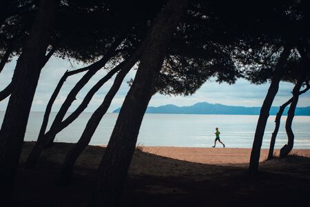 Alone runner on the morning beach between trees.の写真素材