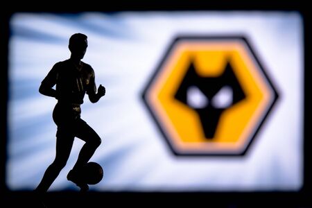 Premier League Football club logo.. Soccer player silhouette.のeditorial素材