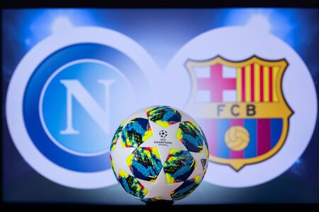 UEFA Champions League 2020, Round of 16 UCL football, Knockout stage, playoff, Official Adidas soccer ball 2020.のeditorial素材