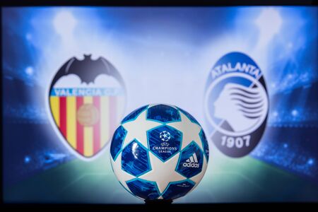 UEFA Champions League 2020, Round of 16 UCL football, Knockout stage, playoff, Official Adidas soccer ball 2020.のeditorial素材