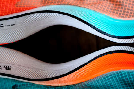 BANGKOK, THAILAND, MARCH 7. 2020: Nike running shoes Vaporfly NEXT%. Controversial Athletics marathon shoe, Ekiden Color version, Detail view on Zoom foam and Nike Flyknit uppers,のeditorial素材