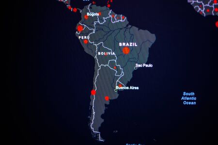 South america continent. Coronavirus COVID-19 global cases Map. Red Dot showing the number of...