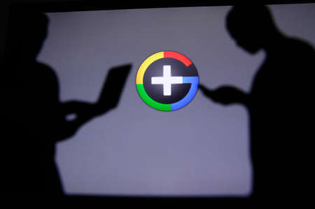 NEW YORK, USA, 25. MAY 2020: Google Plus social network owned and operated by Google. Young business...