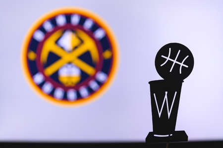 NEW YORK, USA, JUN 18, 2020: Denver Nuggets Basketball club on the white screen. Silhouette of NBA...