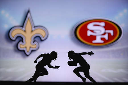 New Orleans Saints vs. San Francisco 49ers. NFL match poster. Two american football players...