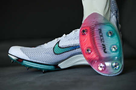 NEW YORK, USA, AUGUST 13, 2020: Nike Air Zoom Victory, distance track spike for summer olympic game Tokyo 2021. White Color, Nike Atomknit upper. Controversial professional running shoes ..のeditorial素材