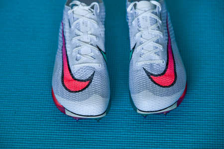 NEW YORK, USA, AUGUST 13, 2020: Nike Air Zoom Victory, distance track spike for summer olympic game Tokyo 2021. White Color, Nike Atomknit upper. Controversial professional running shoes ..のeditorial素材
