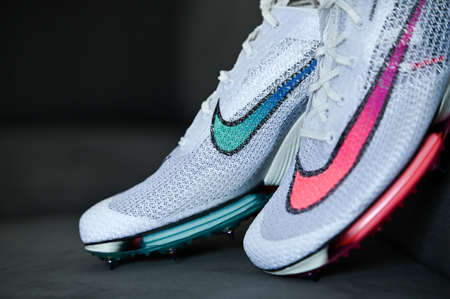 NEW YORK, USA, AUGUST 13, 2020: Nike Air Zoom Victory, distance track spike for summer olympic game Tokyo 2021. White Color, Nike Atomknit upper. Controversial professional running shoes ..のeditorial素材