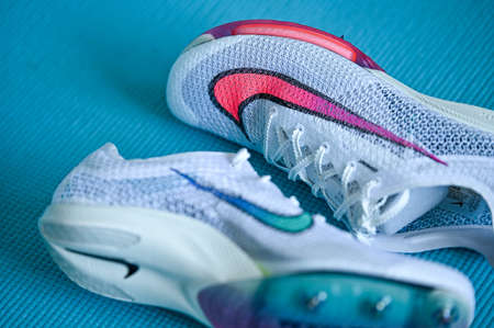 NEW YORK, USA, AUGUST 13, 2020: Nike Air Zoom Victory, distance track spike for summer olympic game Tokyo 2021. White Color, Nike Atomknit upper. Controversial professional running shoes ..のeditorial素材