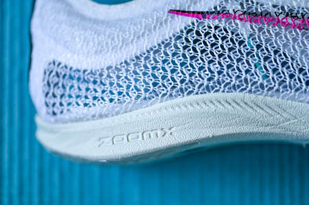 NEW YORK, USA, AUGUST 13, 2020: Nike Air Zoom Victory, distance track spike for summer olympic game Tokyo 2021. White Color, Nike Atomknit upper. Controversial professional running shoes ..のeditorial素材