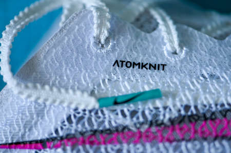 NEW YORK, USA, AUGUST 13, 2020: Nike Air Zoom Victory, distance track spike for summer olympic game Tokyo 2021. White Color, Nike Atomknit upper. Controversial professional running shoes ..のeditorial素材