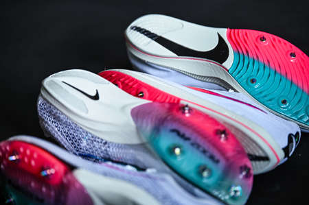 NEW YORK, USA, AUGUST 13, 2020: Nike Air Zoom Victory and Nike ZoomX Dragonfly. Racing Spikes for summer olympic game Tokyo 2021. White Color Professional running shoes, Olympic Edition.のeditorial素材