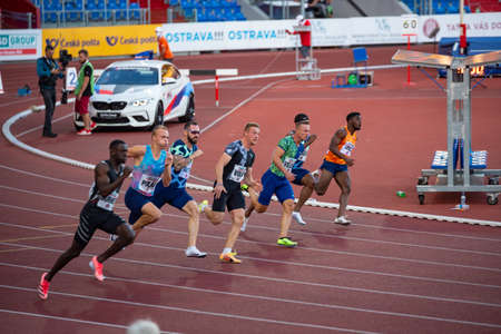 OSTRAVA, CZECH REPUBLIC, SEPTEMBER. 8. 2020: Sprinters race, Professional track and field sprint race, athletes on the track. Original wallpaper for summer game in Tokyo 2021のeditorial素材