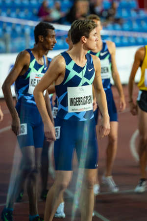OSTRAVA, CZECH REPUBLIC, SEPTEMBER. 8. 2020: Jakob Ingebrigtsen Norwegian middle-distance runner in Nike singlet before 1500 meters raceのeditorial素材