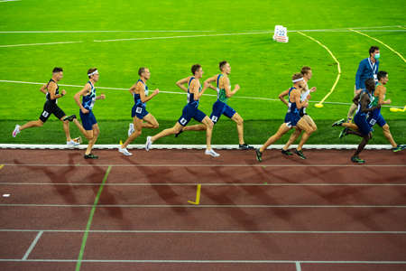 OSTRAVA, CZECH REPUBLIC, SEPTEMBER. 8. 2020: Professional Track and Field Race. Athlete on Athletics track in 1500 meters race. Jakob Ingebrigtsen in the lead. Preparation for game Tokyo 2021のeditorial素材