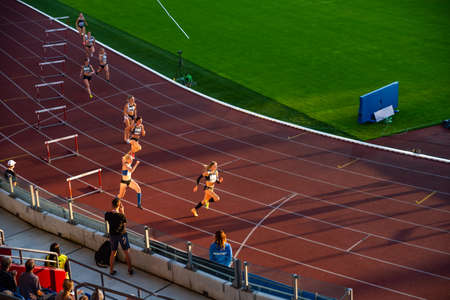 OSTRAVA, CZECH REPUBLIC, SEPTEMBER. 8. 2020: Hurdles professional track and field athletics race. Female athletes on stadium.のeditorial素材