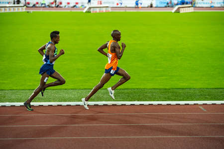 OSTRAVA, CZECH REPUBLIC, SEPTEMBER. 8. 2020: Selemon Barega and Jacob Kiplimo long-distance runner in 5000 meters professional athletics race, preparation for game in Tokyo 2021のeditorial素材
