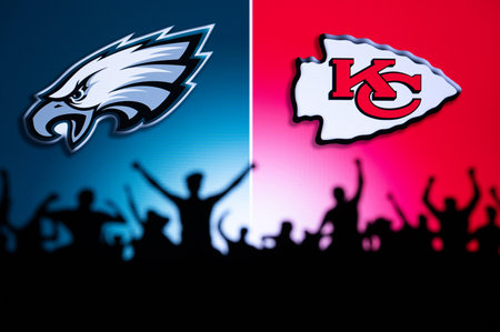 PHOENIX, USA, JANUARY 30, 2023: Philadelphia Eagles vs. Kansas City Chiefs. Black Silhouette of fans...
