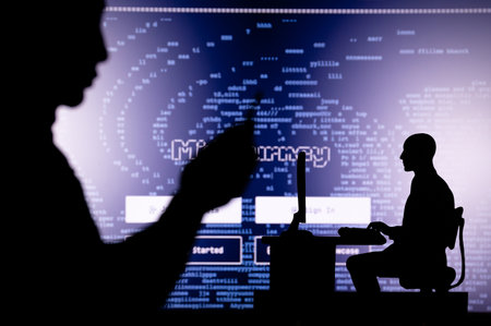 USA, SEATTLE, JANUARY 30, 2023: Midjourney. Balancing the Digital Life: Man with Smartphone and Web Developer Silhouetteのeditorial素材