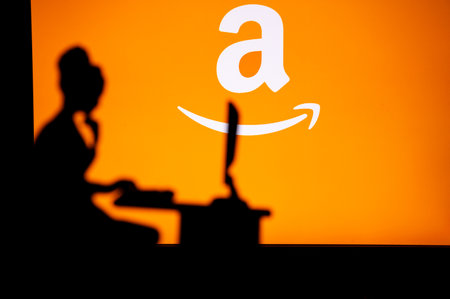 USA, NEW YORK CITY, JANUARY 30, 2023: Amazon. Exploring the Future of Technology: One Woman's Journey Through the Online Worldのeditorial素材