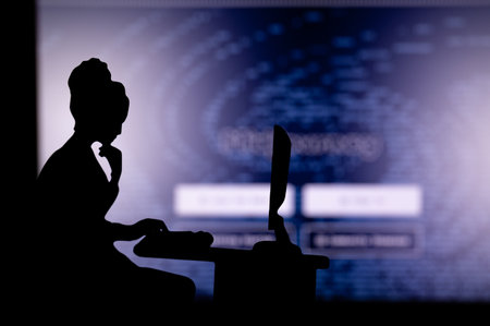UK, LONDON. JANUARY 30, 2023: Midjourney. The Future of Technology is Female: Silhouette of a Software Developer with Company Logoのeditorial素材