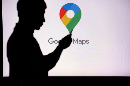 JAPAN, TOKYO. JANUARY 30, 2023: Google Maps. Unleashing the Power of the Internet: Silhouetted Man Uses Innovative App to Browseのeditorial素材