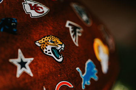 NEW YORK, USA, SEPTEMBER 11, 2023: Jacksonville Jaguars logo placed on the NFL ball from the...