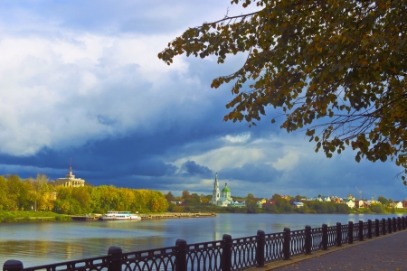 On a sunny autumn day, a dark cloud covered the sky. River Volga Tver Riverportの写真素材