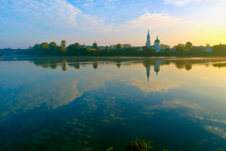 Quiet sunny summer morning on the Volga. Holy Catherine Monastery in Tverの写真素材