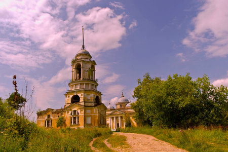Boris and Gleb Cathedral in Staritsa Tver Province. In the foreground is the bell towerの写真素材