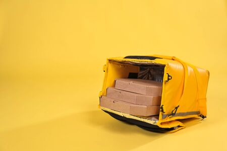 Yellow thermos bag for storing and transporting pizza with a bird inside on a yellow background....