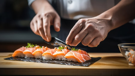 Close-up of a chefs hands laying out ready-made sushi rolls of Japanese cuisine on a wooden board while standing in a restaurant kitchen.の素材