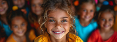 Close up portrait of smiling little girl looking at camera while standing in the classroomの素材
