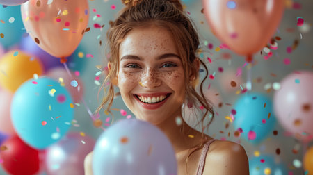 Portrait of happy young woman with balloons and confetti at birthday partyの素材