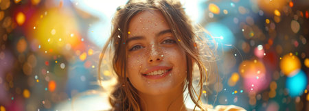 Portrait of a beautiful young woman with freckles on her faceの素材