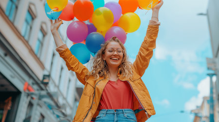 Happy young woman with colorful balloons in the city. Girl having fun outdoors.の素材