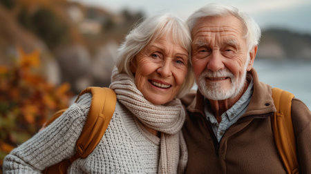 Portrait of happy senior couple embracing each other and looking at cameraの素材