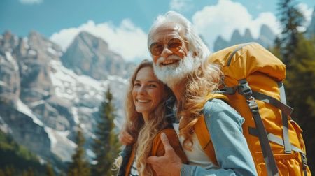 Senior couple hiking in Dolomites mountains. Elderly man and woman hiking in Italy.の素材