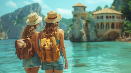 Back view of two young women tourists with backpacks and backpacks looking at amazing view of beautiful tropical islandの素材