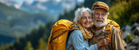 Portrait of happy senior couple traveling in the mountains. Selective focus.の素材